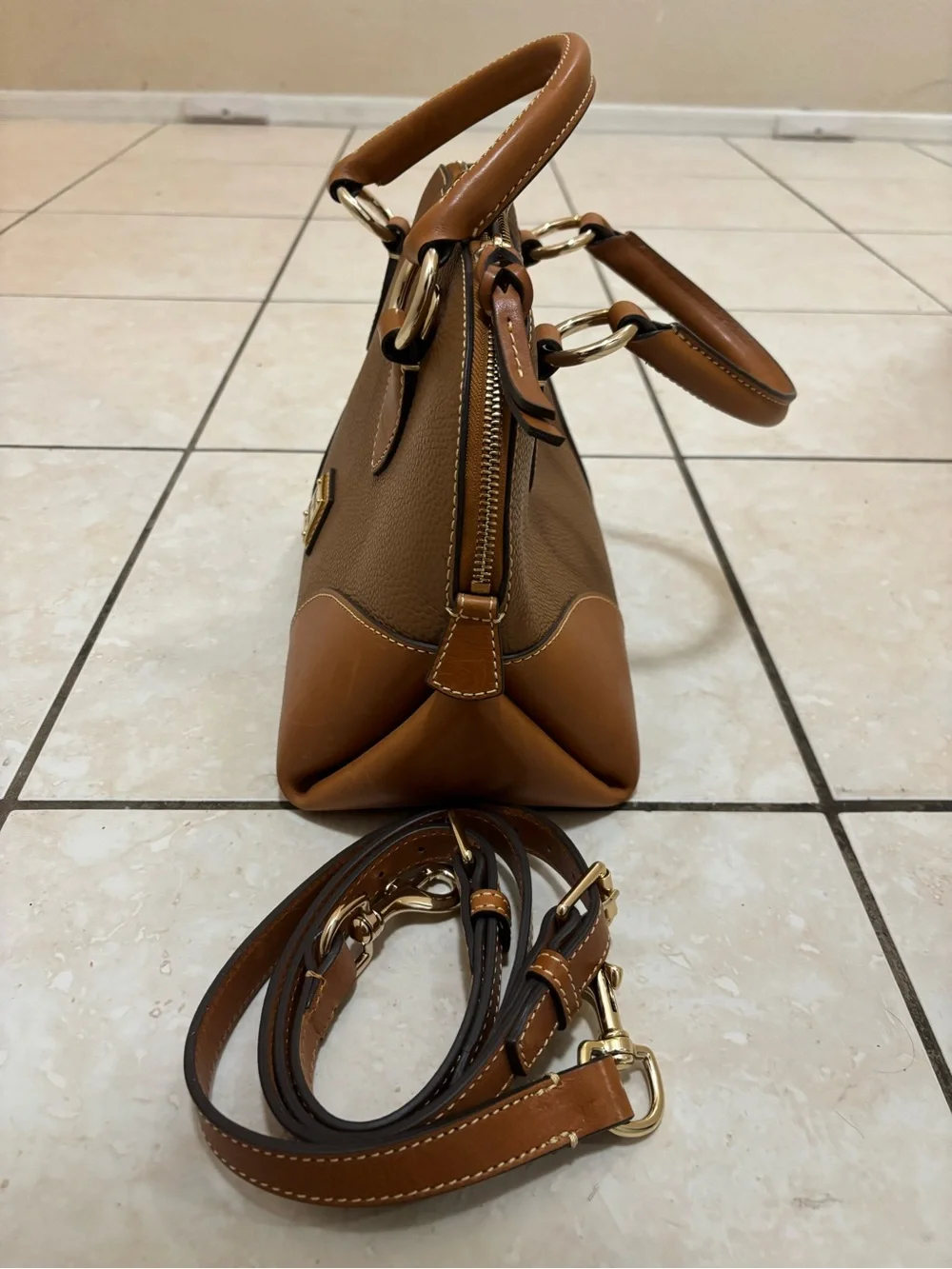 Dooney & Bourke Tan Brown Pebble Leather Satchel with Gold Hardware
